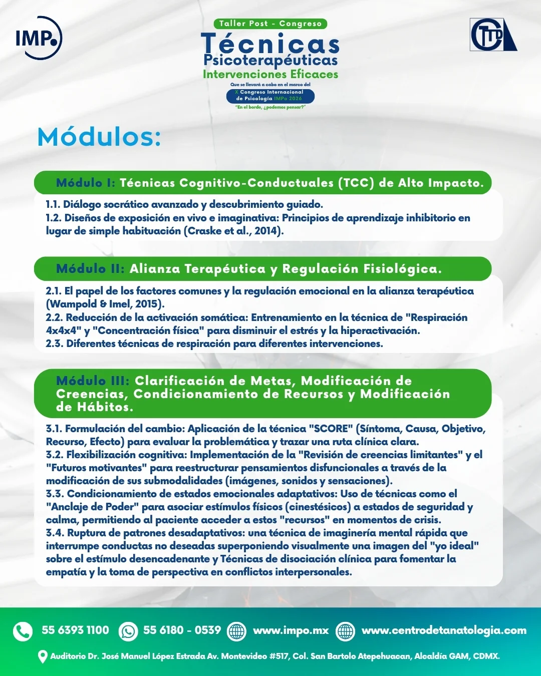 Taller Post-Congreso: Técnicas Psicoterapéuticas para Intervenciones Eficaces